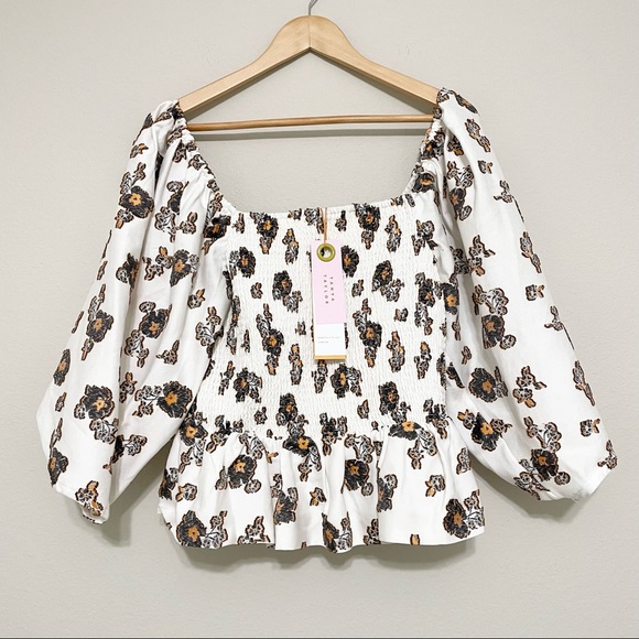 TANYA TAYLOR NWT Cream Smocked Silk Blend Floral Emma Top Size Large - Picture 3 of 10